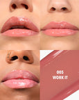 Close-up of lips with a glossy lip product labeled
