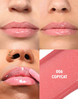 Close-up of glossy pink lips with a small inset showing a swatch labeled '006 Copycat'.