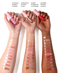 Lip gloss swatches on hands with color names listed