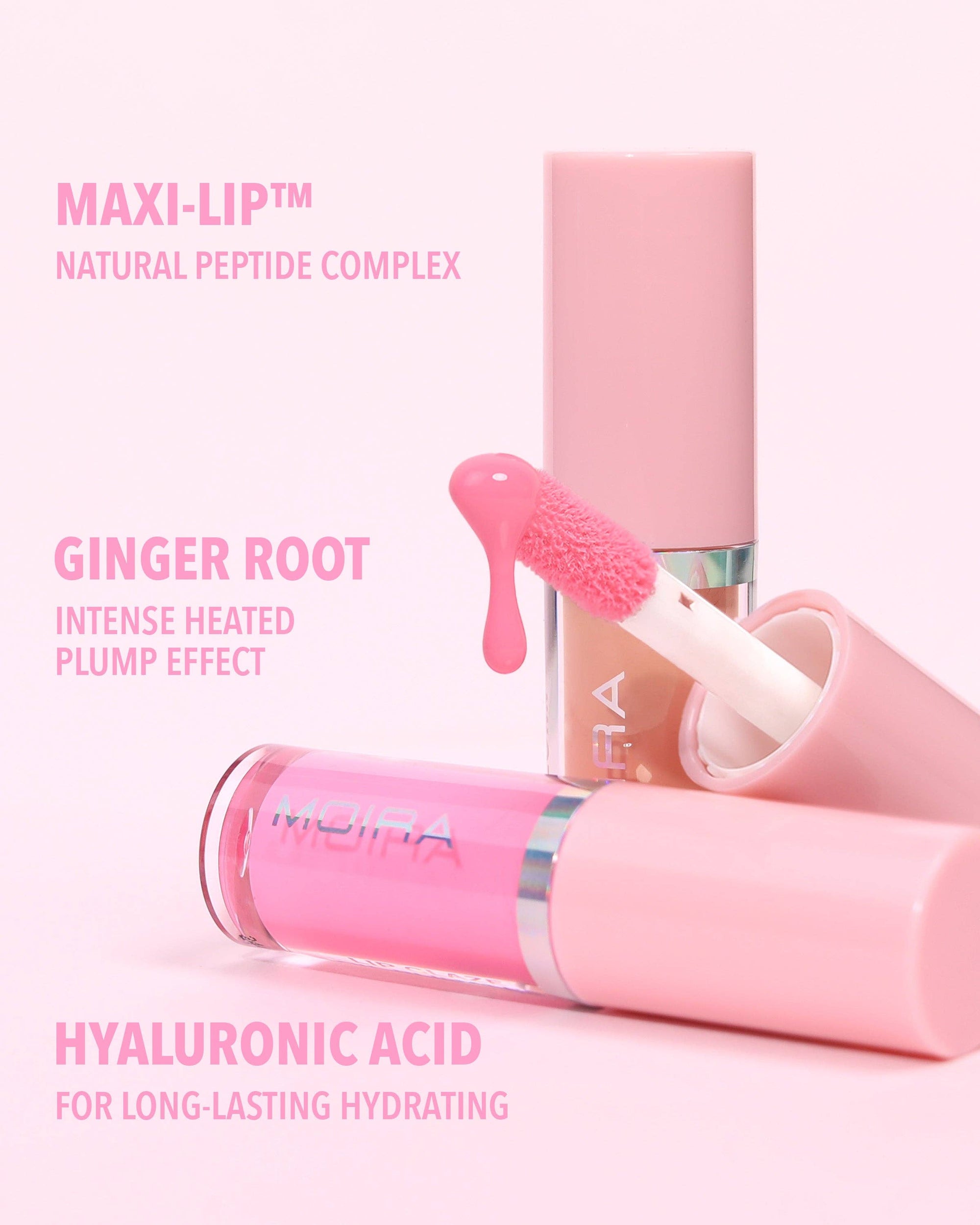 Pink lip balm with text highlighting ingredients 