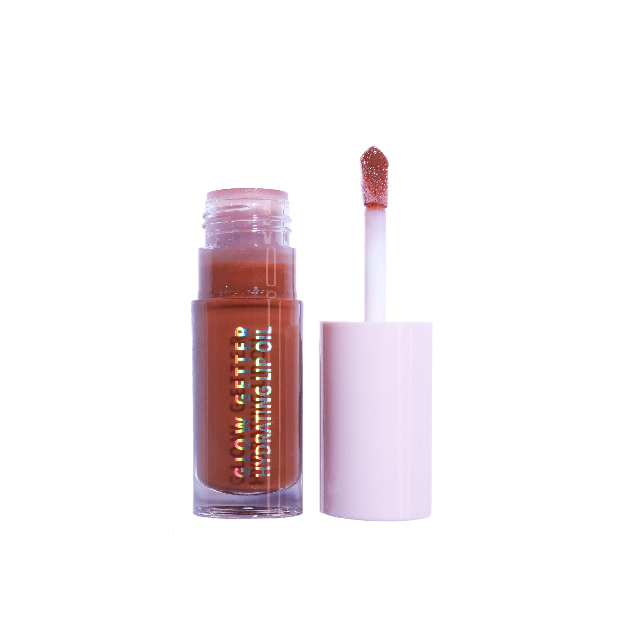 Lip oil with applicator on a white background