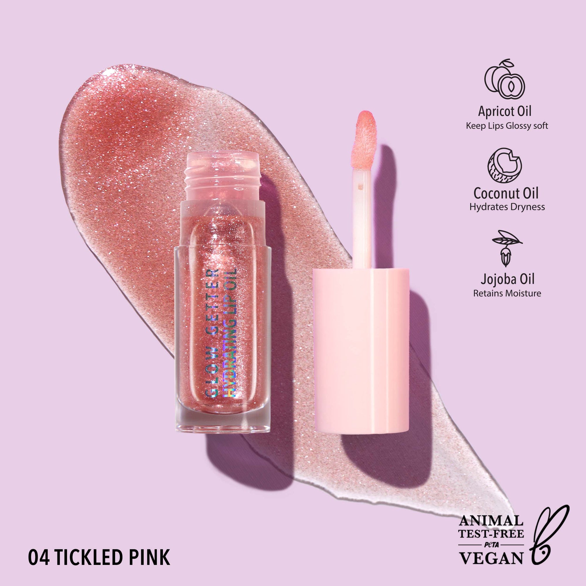 Lip gloss with applicator on a purple background, featuring ingredients.