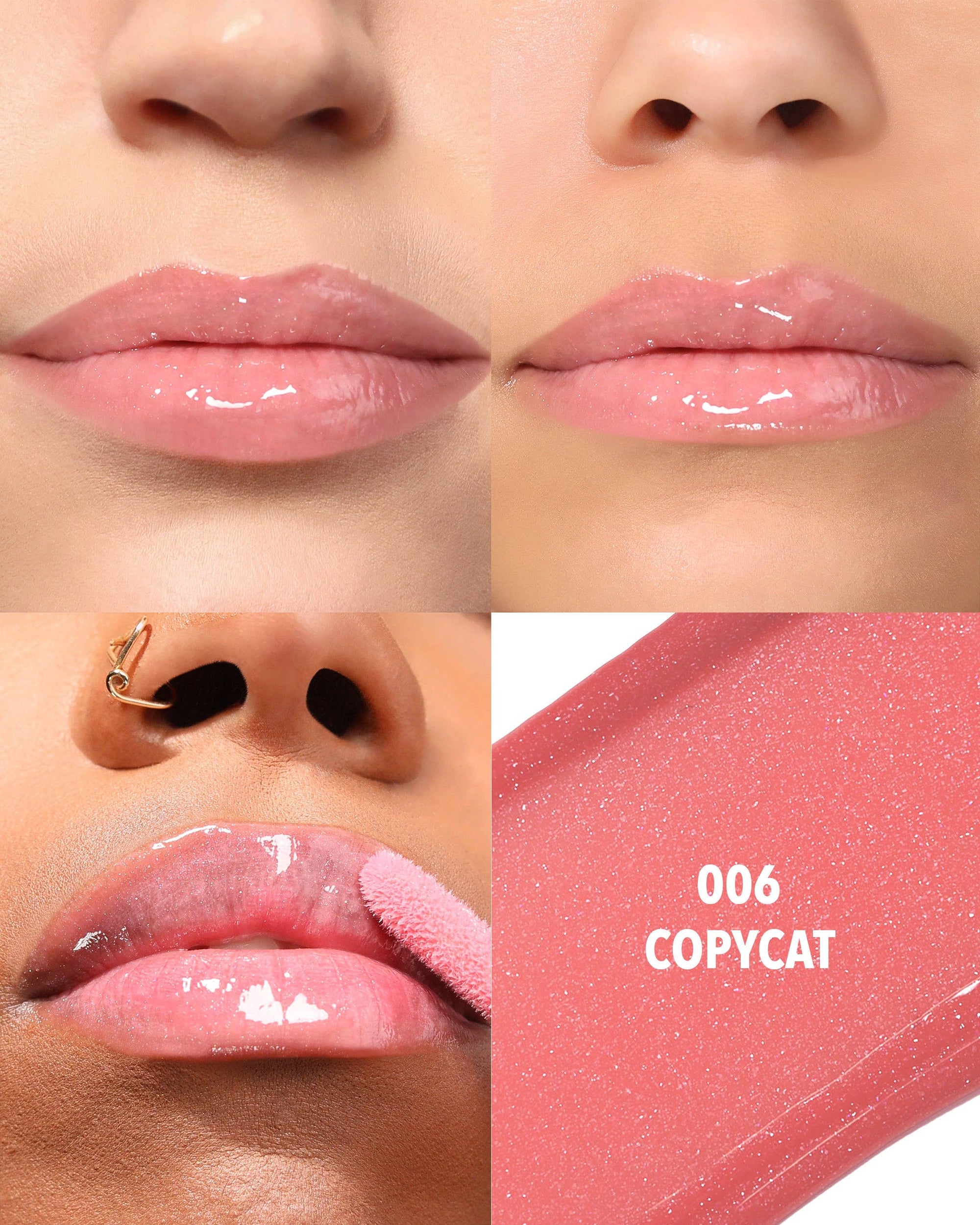 Close-up of glossy pink lips with a small inset showing a swatch labeled '006 Copycat'.