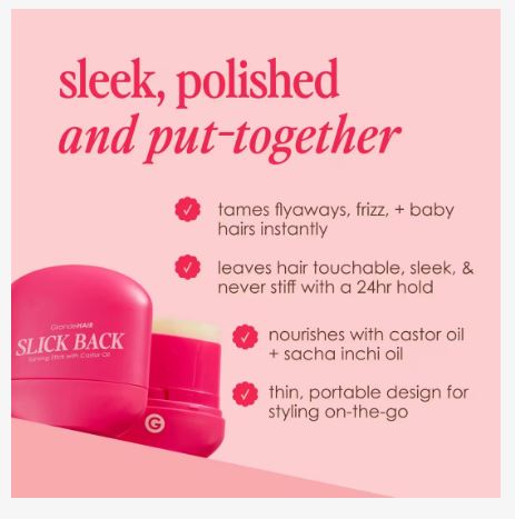 Pink hair product container with text on a pink background