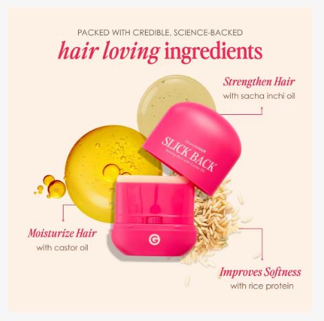 Pink hair product container with hair care benefits on a beige background