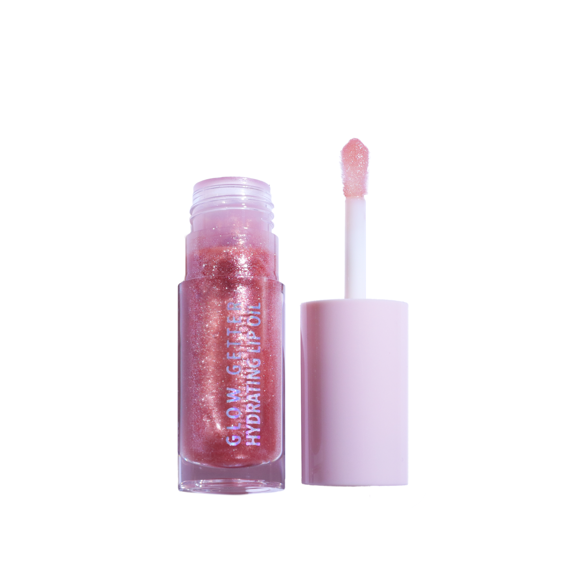 Lip gloss with applicator on a white background