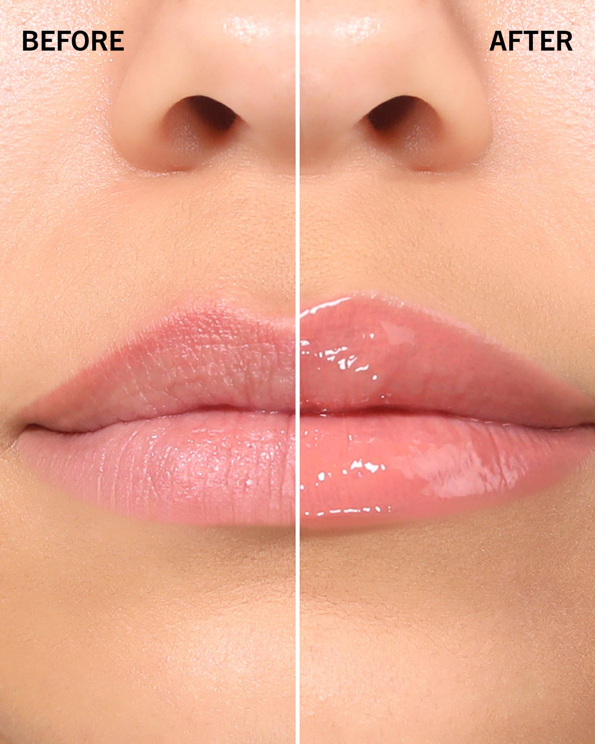 Before and after comparison of glossy lips