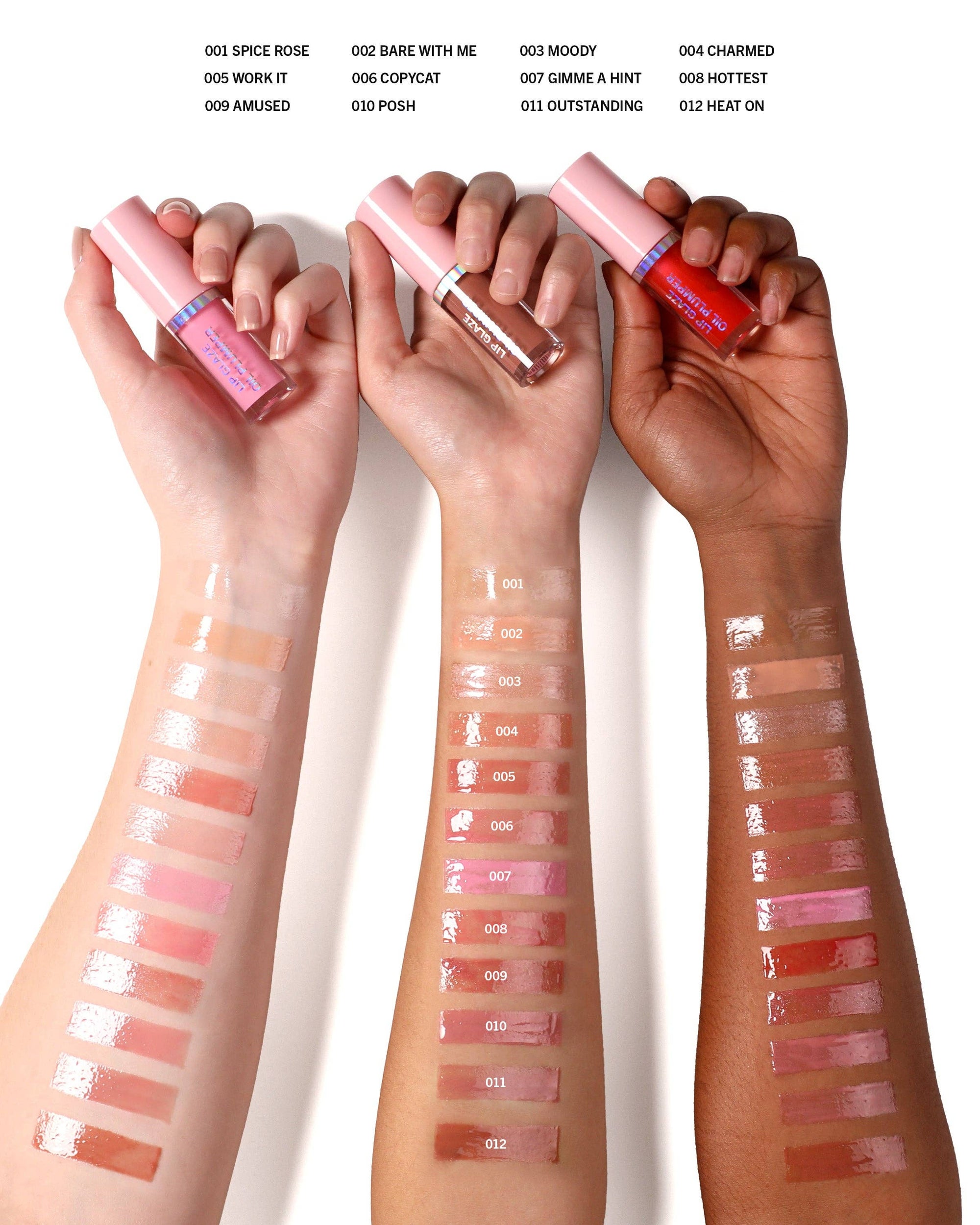 Lip gloss swatches on hands with color names listed